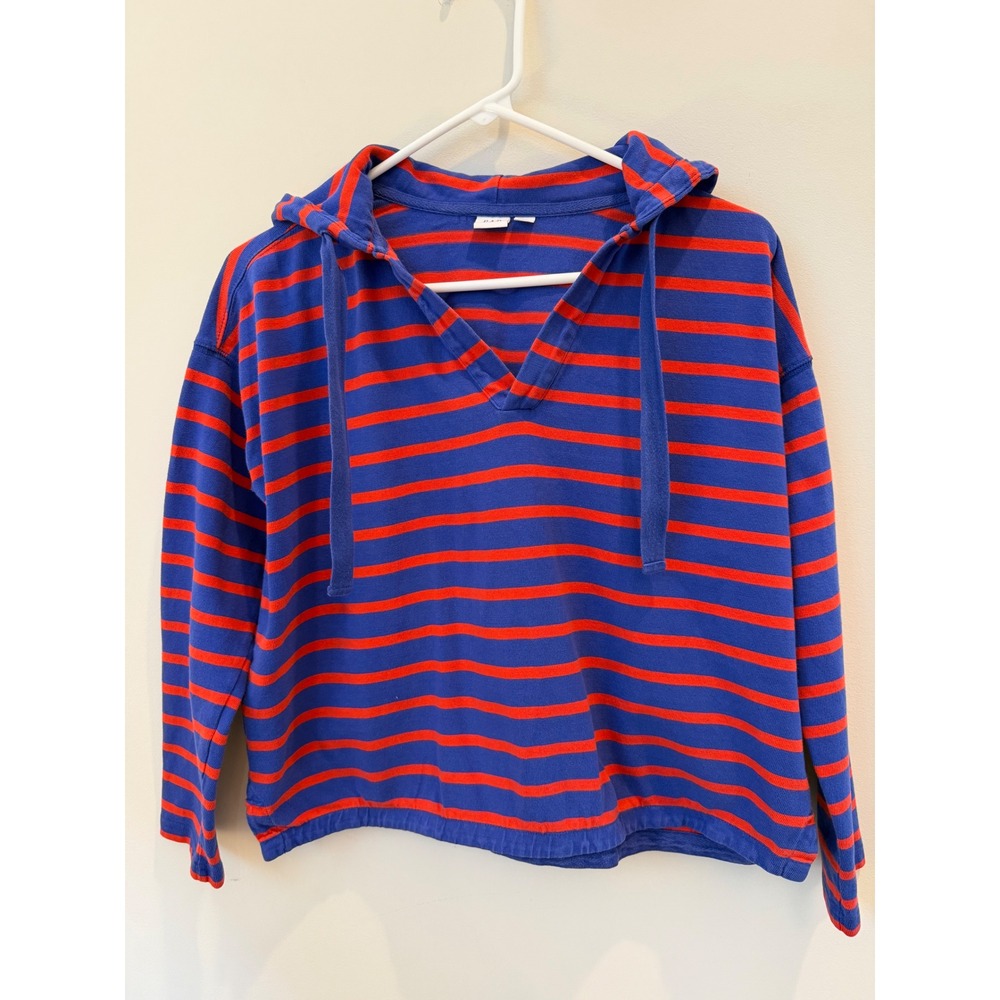 Gap Womens Blue Red Striped V-Neck Hooded Pullover Top XS Long Sleeve Jersey
